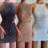 Fongt New Fashion Hanging Neck Sexy Crystal Tuxedo Supid Squin Dress Mid-Rise Evening