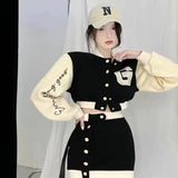 2023 New Casual 2 Piece Set Women Loose Hoodie Vintage Baseball Jacket High Waist Mini Skirts Two Piece
