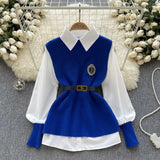 Fongt Style Advanced Sense Light Luxury Socialite Suit Female Autumn And Winter Pure Color Loose Long-Sleeved Shirt Sleeveless Knit Vest-Outfit