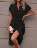Fongt V-Neck Temperament Elegant Irregular Sleeves Of Pure Color Bag Dress