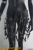Women Body Harness PU Leather 2 Piece Set Black Camis Punk Adjustable Garter Belt Hollow Out Weaved Belt Backless