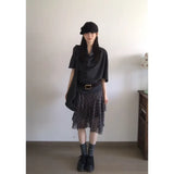 Fongt Collar Five-Sleeved T-Shirt Top Women Irregular Check-In Half Dress Korean Two-Piece