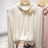 Fongt Temperament Shows Thin Three-Dimensional Flower Pure Color Set Jacket Female Spring New Long Sleeve Satin Simulation Silk Shirt-Outfit