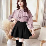Lolita Black Skirts Women Spring Autumn New Radian Waistline Slim Short Pleated Female Mini Culottes-Outfit