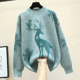 Autumn Winter New Cartoon Christmas Elk Casual Knitted Sweaters Commute Elegant Solid Color Thick Warm Chic O-Neck Jumpers-Outfit