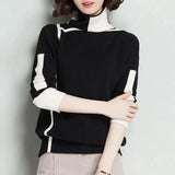 Female Stylish Solid Color Knitted Jumpers Autumn Winter Thick Warm Slim Bright Line Decoration Turtleneck Sweaters-Outfit