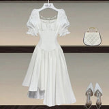 Women Summer French Vintage High Waist Irregular Dresses 2022 Office Ladies Elegant Square Collar Puff Sleeve Vestido De
