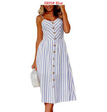 Boho Printed Beach Dress Women Spaghetti Straps Backless Sexy Dresses Female Casual Button Pocket Sleeveless Midi