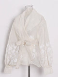 Fongt Retro Palace Style Top Autumn 2024 New Organza Lapel Lantern Sleeve Lace Printed Shirt Girl-Outfit