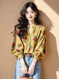 Fongt Long-Sleeved Chiffon Floral Shirt Woman 2025 Early Spring Single-Drip Design Shirt Open Shirt