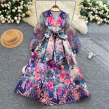 Fongt Retro Design Cross V-Neck Yarn Lantern Sleeve Strap To The Belt Print Big Swing Ponve Dress
