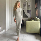 Fongt Sexy Elegant Dress Solid Color Long Sleeve Round Neck Wrap Hip Long Skirt Women's
