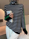 Women's Turtleneck Sweater 2023 Winter Printted Elegant Top Casual Loose Warm Office Black and White Oversize Pullover for Women-Outfit