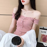 Slash Neck Cropped T-shirt Female Short Sleeve Sexy Knitted Laced Up Stretchable TShirts Crop Tops For Woman Summer-Outfit