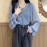 Fongt Temperament Spliced Chiffon Sleeve Long-Sleeved Top Women's Spring And Autumn New Design Sense Slimming