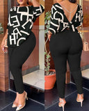 Autumn New Women's Fashion Leisure Bare-Back Printed Trousers Suit-Outfit