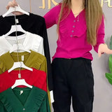V-Neck Solid Color T-shirt Sweet Ruffles Spring Autumn Fashion Button Women's Clothing Long Sleeve All-match Pullovers-Outfit