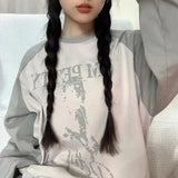 Kpop Y2k Graphic Grey Sweatshirt Women American Retro Letter Patchwork Long Sleeve Tshirts Oversize Harajuku