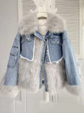2024 Women Winter Denim Jacket Oversize Large Fur Collar Plus Velvet Jacket Detachable Thick Loose Warm Bomber Jean