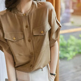 Safari Style Solid Pockets Casual Top Women Vintage Shirts Summer 2023 Patchwork Chiffon Basic Round Neck Blouse-Outfit