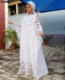 New African Dresses for Women Dashiki Lace Flower African Clothes Bazin Kaftan Boubou Robe Africain Dress Embroidery Long
