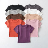 Trendy Women's Dress Slim And Show Thin Round Neck Short Style Navel Bottomed Blouse Net Version Of Solid Color Short-Sleeved T-Shirt-Outfit