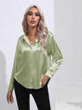 Satin Shirt Satin Imitation Silk Long-Sleeved Pure Color Elegant Button Front Lapel Shirt-Outfit