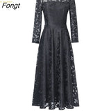 han queen Autumn Lace Dress Work Casual Slim Fashion O-neck Sexy Hollow Out Blue Red Dresses Women A-line Vintage