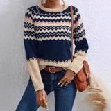 Fongt Women's Sweater Fashion Round-Neck Knitted Top Classic Striped Knitted Shirt
