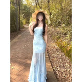Fongt Temperament Mint Manbo Green Mesh Sling Dress Female Lace Spliced High-Waisted Fishtail