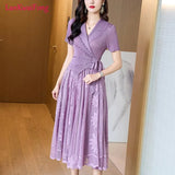 Elegant Commuter Mosaic Midi Pleated Dress Short Sleeve Lapel Elegant Dress Embroidered Mesh Splice Beaded Premium Dress-Outfit