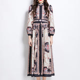Fongt Retro Lantern Sleeve Single Buckle Positioning Print Dress Female Elegant Thin Temperament Dress