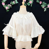 Lolita Chiffon Blouses Women Cute Bow Ruffles Three Quarter Flare Sleeve Undershirt Girl Kawai Off Shoulder Shirt Crop Top-Outfit