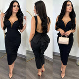 Fongt Temperament Elegant Solid Color Wrap Hip Dew Back Deep V High Waist Bow Stretch Slit