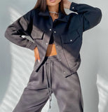 Fongt Solid Women's Dress Loose Waist Trousers Casual Long Sleeve Two Sets Single Buckle Coat Jacket Set