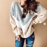 Fongt 2023 Ladies Splice Color Long Sleeved Round Neck Top Sweater Knit