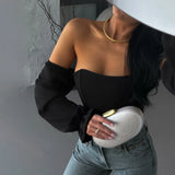 Fongt Sexy Hottie Body Fish Bone Bra Splicing Bubble Sleeve Niche Design Long-Sleeved Corset