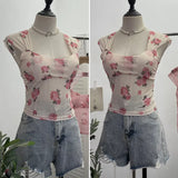 Fang Collar Broken Flower Mesh Flying Sleeve With Breast Pad Sling Vest Short Umbilly Sleeveless Top Lady