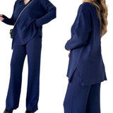 Fongt Autumn New Fashion Solid Color Loose Under The Pended Fork Knit Shirt Two Sets Of Women