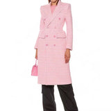 QUALITY Winter 2023 Fashion Designer Overcoat Women's Hourglass Double Breasted Pink Houndstooth Wool Long