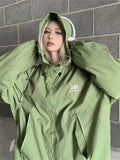 Y2K Green Windbreaker Jacket Women Oversized Hip Hop Streetwear Black Waterproof Coat Harajuku Boyfriend Style