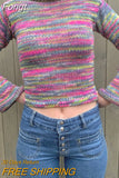 Vintage Rainbow Striped Knitted Sweaters Autumn Winter Crimping Long Sleeve Cropped Pullovers Jumpers Streetwear Chic