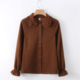 Arrival Solid Peter pan Ruched Collar White Shirt Lantern Sleeve Button Up Casual Brown Sweet Blouse Feminina Blusa
