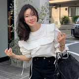 Lager Lapel Shirts Blouses Lace Up Long Sleeve Blusas Mujer Loose Camisas Korean Chic Ropa Spring Womens Clothing-Outfit