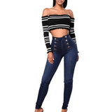 Fongt High-Waisted Casual Jeans Trousers Double Row Multi-Button Repair Elastic Small Foot Women's Pants