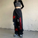 Vintage Stars Print Ripped Straight Wide Leg Jeans-Outfit