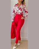 Women's Elegant Two Piece Pants Sets Printed Long Sleeve Shirts and Pants with Belt Fashion Women 2pcs Suits Office
