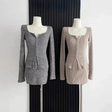 Autumn Sexy 2 Piece Dress Set Elegan Casual Long Sleeve Knitted Suits Y2k Crop Tops + Bodycon High Waist Mini Skirt Korean-Outfit