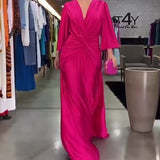 Fongt Summer New Fashion Sexy V-Neck Pleated Solid Color Loose Dress-Outfit