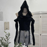 Fongt Shooting Doomsday Wasteland Wind To Make Old Worn Hooded Long-Sleeved T-Shirt Short High-Waisted Umbilly Top 9259